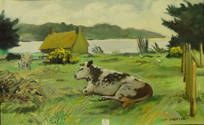 Christian EHLINGER (né en 1931) ''Breton black cow in the pasture''.

Oil on canvas...