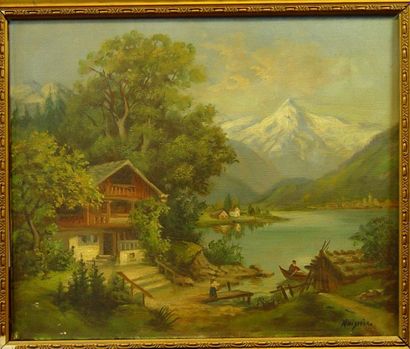 Helmut BERNHARDT ''House and Fishermen in the Bavarian Mountains''...

Oil on canvas...