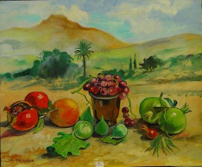Christian EHLINGER (né en 1931) ''Still life with grapes and pomegranates against...