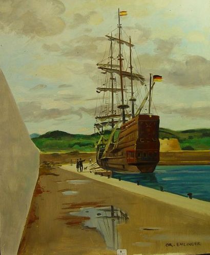 Christian EHLINGER (né en 1931) "Ship docked in the harbor.

Oil on canvas signed...