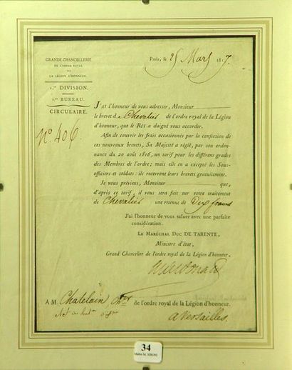 null 34- Documents signés par le Duc de Tarente, Maréchal d'Empire