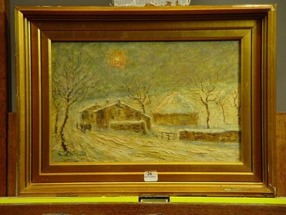 null 26- Léon GARRAUD ''Chaumière sous la neige'' Huile sur carton signée en bas...