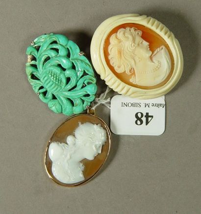 null 48- Lot comprising :

cameo brooch on shell in an ivory frame, cameo pendant...