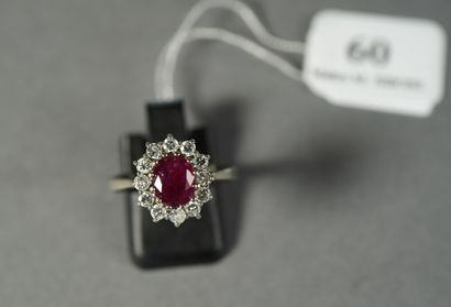 null 60- 14K white gold ring set with a ruby surrounded by diamonds

Finger size:...