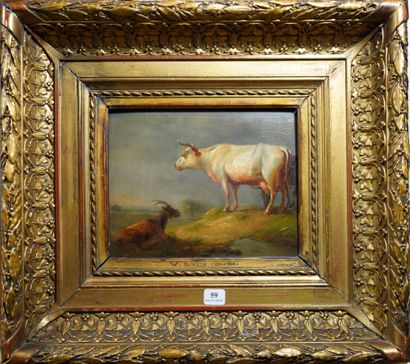 null 59- Willem ROMEYN (attribué à)

''Vache et chèvre''

Huile sur panneau

18 x22...