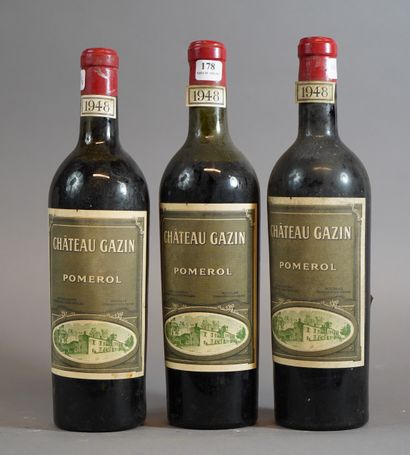 null 178- 3 bouteilles de Château Gazin Pomerol 1948 (1 demi, 1 TB, 1 début épau...