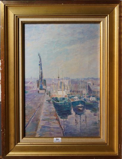 null 
59- Charles GUILLOUX ''Bateaux de pêche dans le port de Dieppe'' Huile sur...