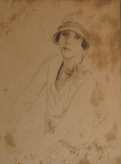null 111- Ecole Française XXème siècle ''Portrait de femme'' Dessin aquarellé (taches...