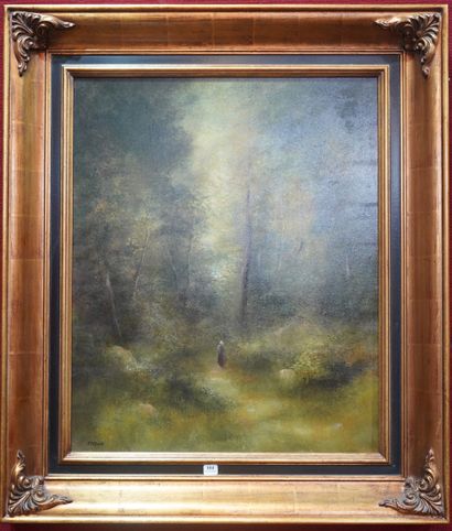 null 104- Francis MOULIA ''Promeneur en forêt'' Huile sur toile signée en bas à gauche...