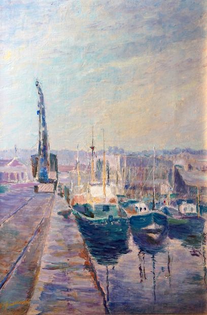 null 
59- Charles GUILLOUX ''Bateaux de pêche dans le port de Dieppe'' Huile sur...
