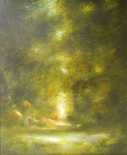 null 105- Francis MOULIA ''Paysage de forêt à l'étang'' Huile sur toile signée en...