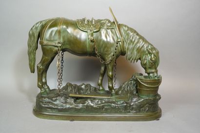null 127- Alfred BARYE (d'après) ''Cheval de trait au baquet'' Sculpture en bronze...