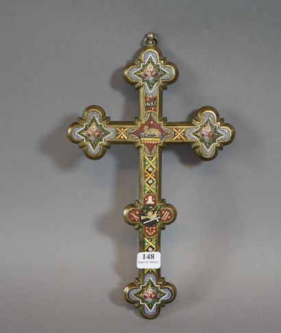 null 148- Importante croix en micro-mosaïque et métal argenté XIXème siècle H : 27...
