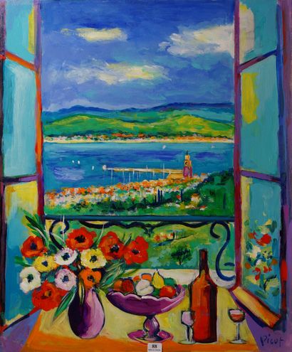 null 
88- PICOT ''Fenêtre ouverte sur Saint-Tropez'' Huile sur toile signée en bas...