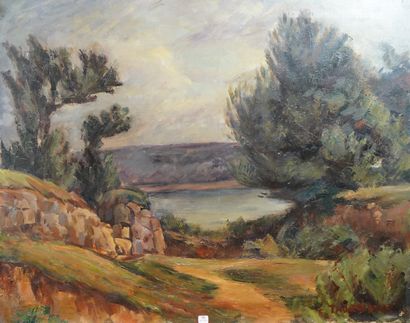null 75- Charles THORNDIKE ''Paysage à l'étang'' (accidents) 73 x 93 cm