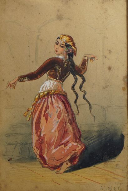 null 113- ALMEE - Ecole Orientaliste ''Danseuse'' Gouache aquarellée sur papier (taches)...