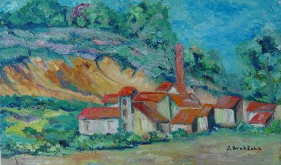 Jacques BREDECHE La briqueterie Huile sur toile Dim : 33 x 52 cm