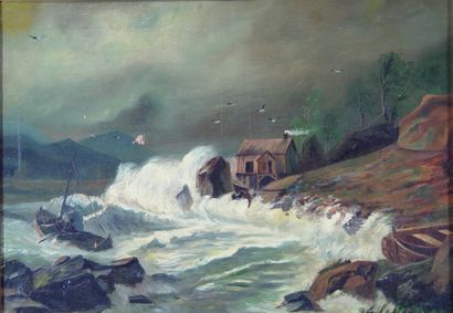 ECOLE DU NORD La tempête Huile sur toile Dim : 44,5 x 63,5 cm