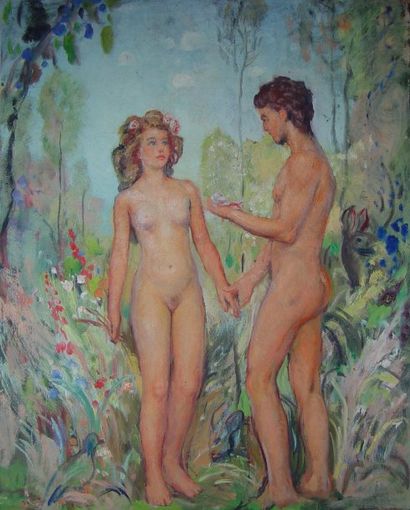 Maurice EHLINGER Adam et Eve Peinture sur toile. Vers 1939 Dim : 81 x 65 cm Sera...