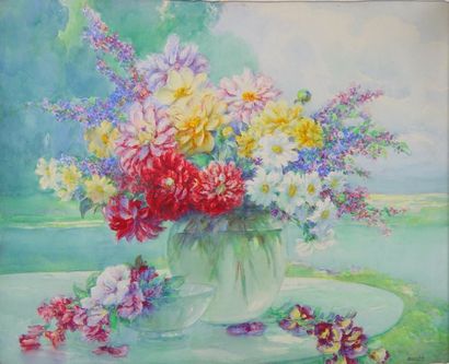 ROSENSTOCK Vase de fleurs Aquarelle signée en bas à droite Dim : 48 x 58 cm