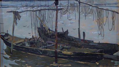 ÉCOLE RUSSE Barques de pêche Peinture sur carton Dim : 29 x 50 cm