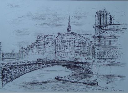 Charles CACHUN Pont de Paris Dessin à l'encre signé en bas à droite Dim : 30 x 43...