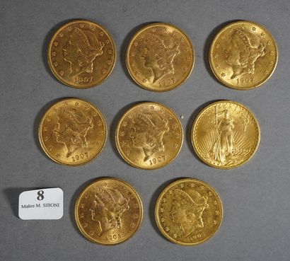 null 8- 8 pièces or de 20 $ : 2 de 1905 et 6 de 1907