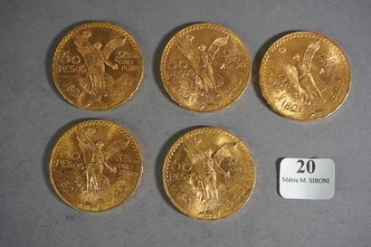 null 20- 5 pièces or de 50 Pesos de 1821-1945