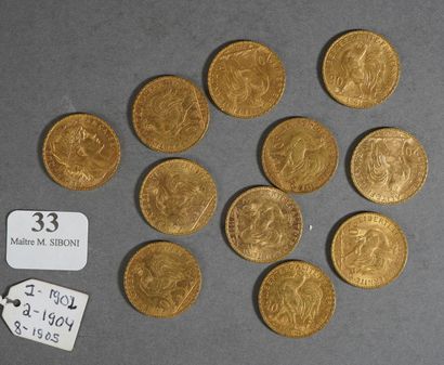 null 33- 11 pièces or de 20 F : 1 de 1902, 2 de 1904 et 8 de 1905