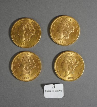 null 3- 4 pièces or de 20 $ : 2 de 1895 et 2 de 1896