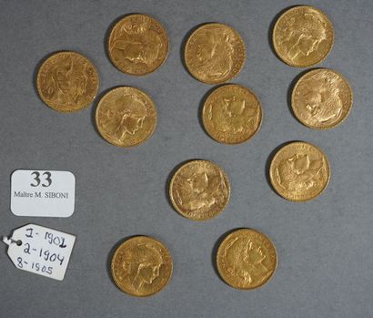 null 33- 11 pièces or de 20 F : 1 de 1902, 2 de 1904 et 8 de 1905