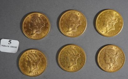 null 5- 6 pièces or de 20 $ : 3 de 1898 et 3 de 1899