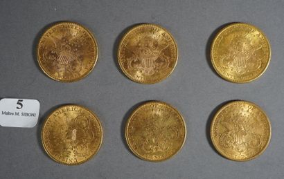 null 5- 6 pièces or de 20 $ : 3 de 1898 et 3 de 1899