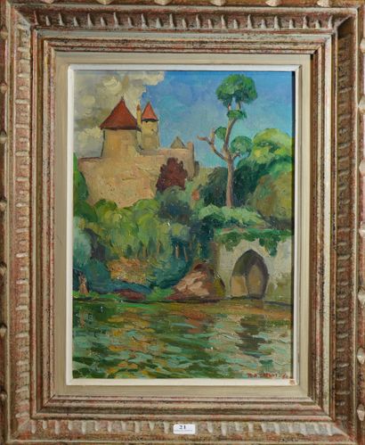 null 21- Roger Ambroise LAFONT ''Château au bord de la rivière'' Huile sur toile...