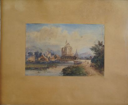 null 28- Ecole XIXème siècle ''Eglise sur la rivière'' Aquarelle signée en bas à...