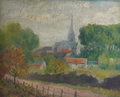 null 27- FERCHAUD ''L'église du village'' Huile sur carton signée en bas à gauche...