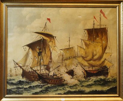 null 56- ''Bataille navale'' Huile sur toile signée en bas à droite illisible 65...