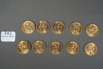 null 102- 10 pièces de 20 F en or Au Coq