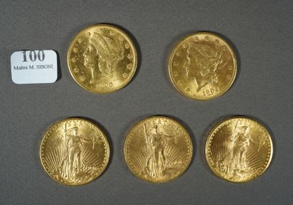 null 100- Cinq pièces de 20 Dollars : 1 de 1900, 1 de 1904, 2 de 1910, 1 de 1927