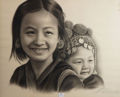 null 32- Tran Thinh (?) Ecole Vietnamienne - Hanoï Vietnam ''Portraits d'enfants''...