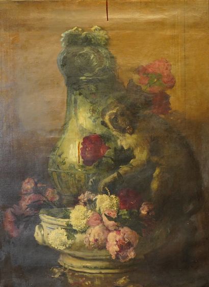 null 59- Mathilde SEE ''Le singe et la fontaine de fleurs'' Huile sur toile 95 x...