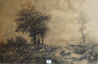 null 45- Ecole Barbizon XIXème siècle ''Berger et ses moutons'' Fusain 30,5 x 46...