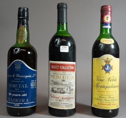 null 220- 12 bouteilles de vins étrangers 75 cl dont Rioja, Montepucliano, Madère...