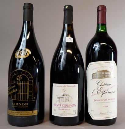 232- 3 Magnums de Rouge Bordeaux, Chinon,...