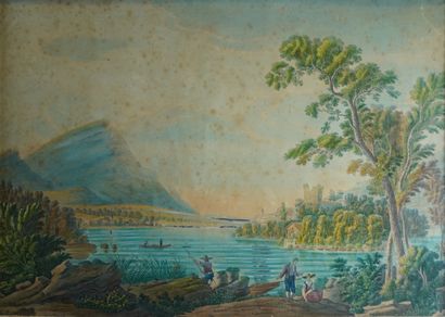 null 68- Ecole Française fin XVIIIème siècle ''Barque sur le lac'' Aquarelle (taches)...