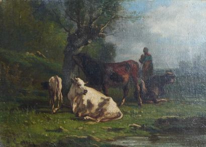 null 89- A. CORTES ''Bergère et son troupeau'' Huile sur toile signée en bas à gauche...