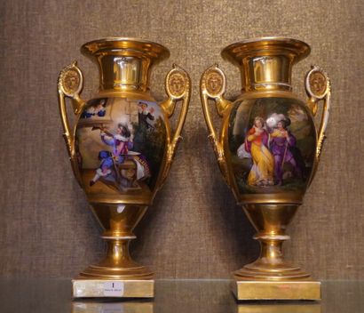  1- Paire de vases en porcelaine de Paris à décor de scène de troubadour et scène...
