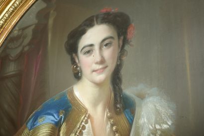 null 29- Constant Joseph BROCHART (1816-1899) ''Anne de CALDAGUES'' Pastel ovale...