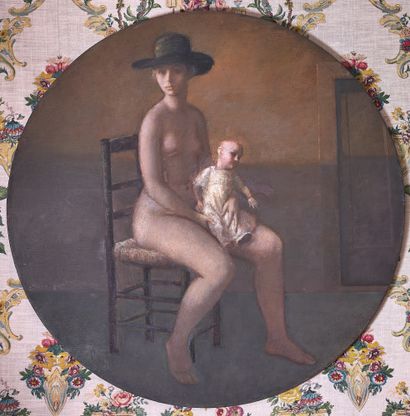 null 121- Ecole Française Tondo : Femme au chapeau et à la poupée Huile sur toile...