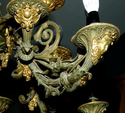 null 20- Important lustre en bronze patiné et doré à décor de cornes d'abondance....